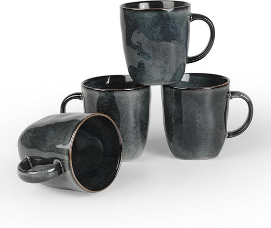famiware Coffee Mugs Set of 4, Ocean Square 13oz Coffee Cup Set with Handle for Cocoa, Milk, Hot Chocolate, Stoneware Cups for Kitchen, Reactive Glaze, Microwave and Dishwasher Safe, Deep Forest