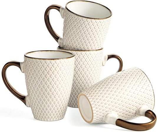 Ceramic Coffee Mug Set - 16 Oz Large Coffee Mugs - Embossed Stoneware Cups with Handle for Latte Tea Cappuccino Cocoa - Microwave Dishwasher Safe - Set of 4 - Square Pattern