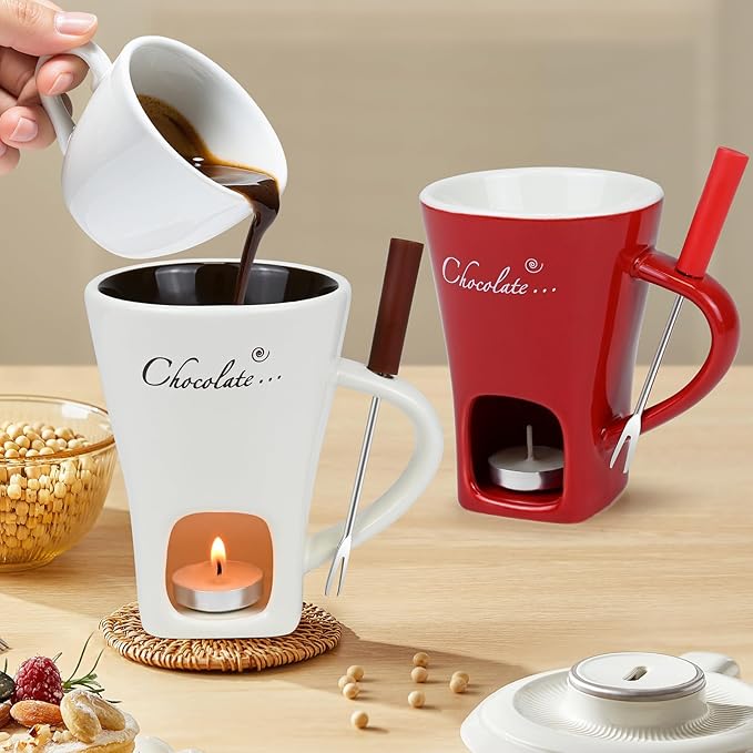 Sweet Fondue Cup for Chocolate Cheese Candy Butter - Chocolate Fondue Mug with Fork & 4 Candle, Mini Ceramic Chocolate Melting Cup, Personal Chocolate Melting Pot for Date Night Birthday Wedding (Red)