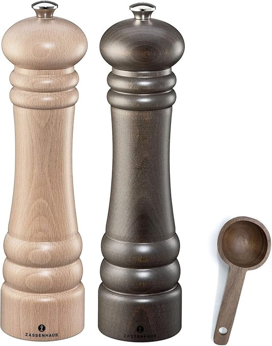 Zassenhaus Berlin Natural Salt & Dark Stained Pepper Grinder Mill, Gift Set - With Wooden Spice Scoop (9.4 Inch)