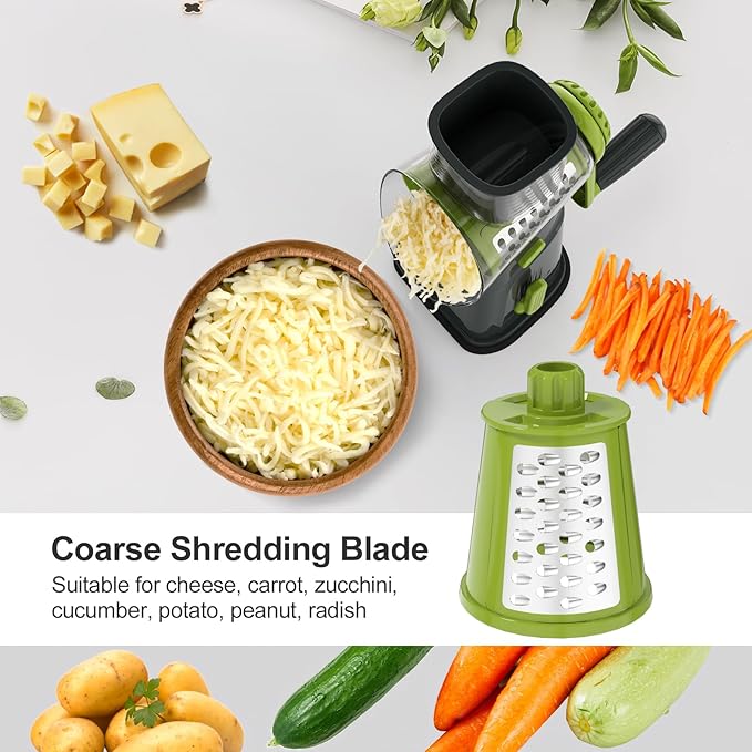 Ourokhome Rotary Cheese Grater Cheese Shredder, Mandoline Vegetable Slicer with 5 Interchangeable Blades and Strong Suction Base for Fruit, Vegetables, Nuts Grey