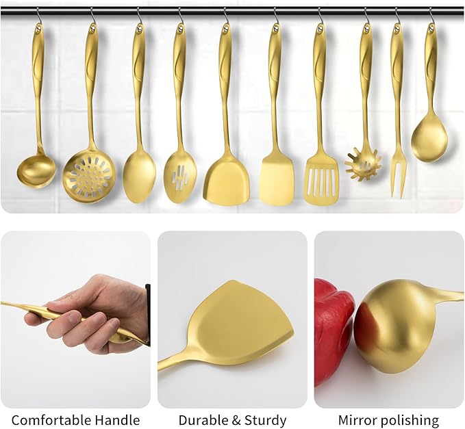304 Stainlss Steel Kitchen Utensils Set, 10 Pcs Metal Cooking Utensil, Matte Kitchen Gadget Cookware and Kitchen Tool Set, Dishwasher Safe(Gold)