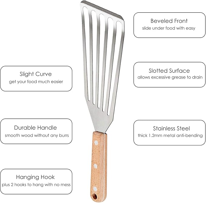 Fish Spatula Set of 2, HaSteeL Stainless Steel Slotted Spatula Turner with Riveted Wooden Handle, Professional Metal Spatulas Great for Kitchen Cooking Flipping Frying & Grilling, 2 x Hooks