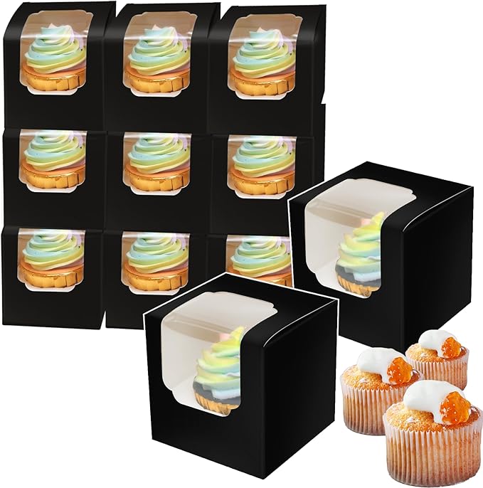 Bakepacker Auto-pop up Cupcake Boxes 30-Packs Individual Cupcake Container Black 3.5" x 3.5" x 3.5" Single Cupcake Boxes