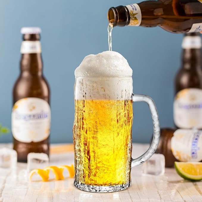 Beer Mug Set of 2, 16.5oz Glass Beer Mugs for Freezer, Clear Large Beer Steins with Handle, Gifts for Men