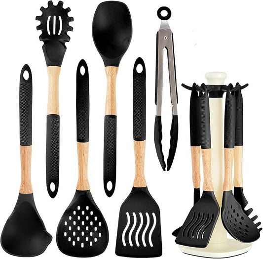 Kitchen Utensils Set - 7 PCS Non-Stick Silicone Cooking Utensils Set with Wooden Handle,Kitchen Gadgets Tools Set for Nonstick Cookware (Black-7Max)