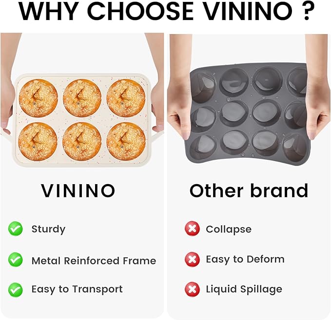 Vinino Jumbo Muffin Pan with Metal Reinforced Frame-2Pack, Silicone Cupcake Pan for Baking 6 Cup Jumbo Size, BPA Free Silicone Muffin Tray, Cupcake Baking Pan Molds for Oven Dishwasher Safe-Cream