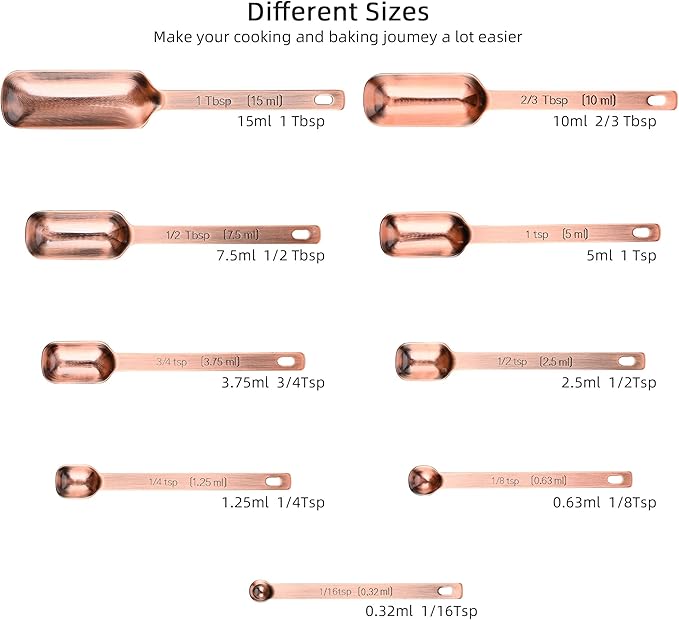 Copper Measuring Spoons Set 10, Stainless Steel Long Handle Metric & US Measuring Spoons for Kitchen & Baking, Spice Jar, with 1/16tsp, 3/3tsp, 2/3tbsp