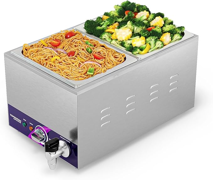 2-Pan Commercial Food Warmer with Non-Leakage Stretch-Forming Water Tank &2 of 1/2 Size GN Pan,Countertop Soup Station Bain Marie with Drain Tap for Buffet,Catering,Parties and Restaurants