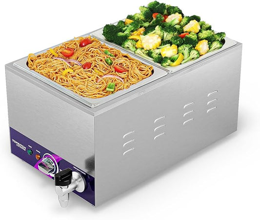 2-Pan Commercial Food Warmer with Non-Leakage Stretch-Forming Water Tank &2 of 1/2 Size GN Pan,Countertop Soup Station Bain Marie with Drain Tap for Buffet,Catering,Parties and Restaurants