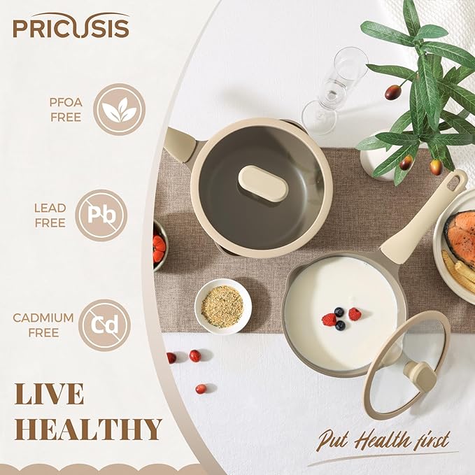 PRICUSIS Nonstick Saucepan with Lid, 2 Quart Sauce Pan, Healthy Sauce Pot with Pour Spouts for Multipurpose Use, PTFE, PFOA Free, Induction Compatible, Apricot