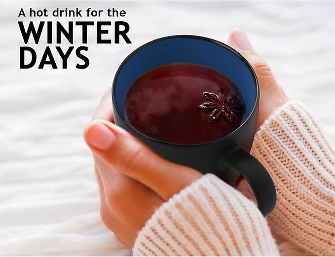 MIAMIO - Set of 6 Stoneware Coffee Mugs 12 Ounce/Cup Set - Le Papillon Collection (Black-Blue)