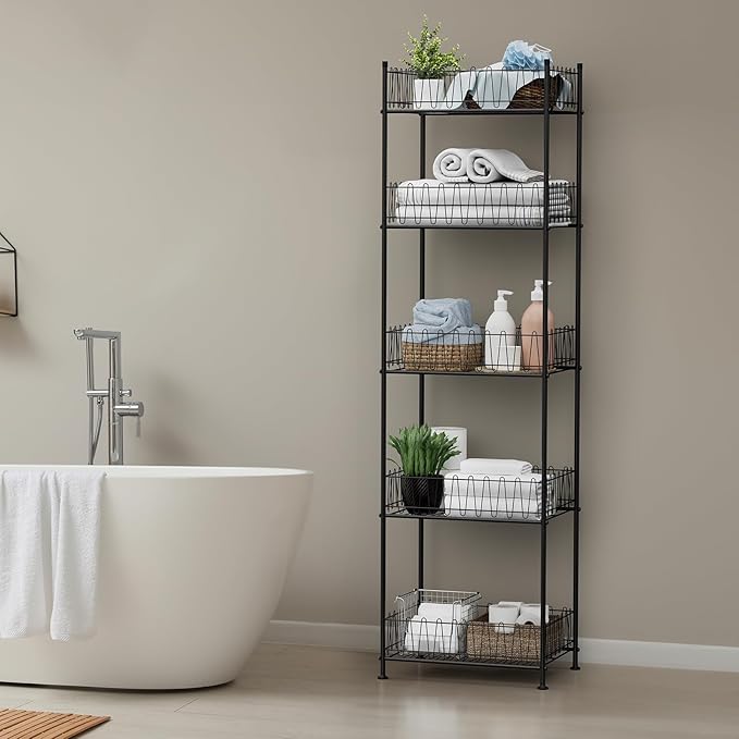 5 Tier Water Bottle Storage Rack Freestanding Metal Water Bottle Holder Shelf Organizer Drink Beverage Soda Can Organizer Storage Rack Bottled Water Stand for Floor Pantry Kitchen Food Storage, Black