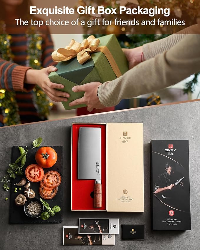 XINZUO 8.1 Inch Professional Chinese Chef Knife,440C Steel Core,Sharp Stainless Steel Vegetable Cleaver Meat Kitchen Square Knife For Precision Slicing, Dicing,Asian Cuisine With Red Wood Handle