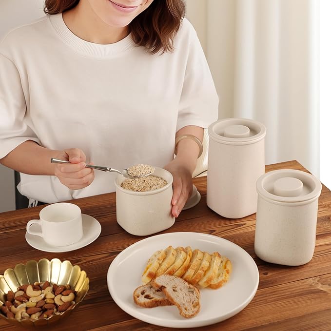 Nucookery Canisters Sets for the Kitchen Countertop, 3 Pcs Ceramic Jar with Silicone Lid, 40oz, 30oz, 20oz Food Storage Containers for Flour, Sugar, Coffee, Grains,Tea, Cookies, Dry Food Organization