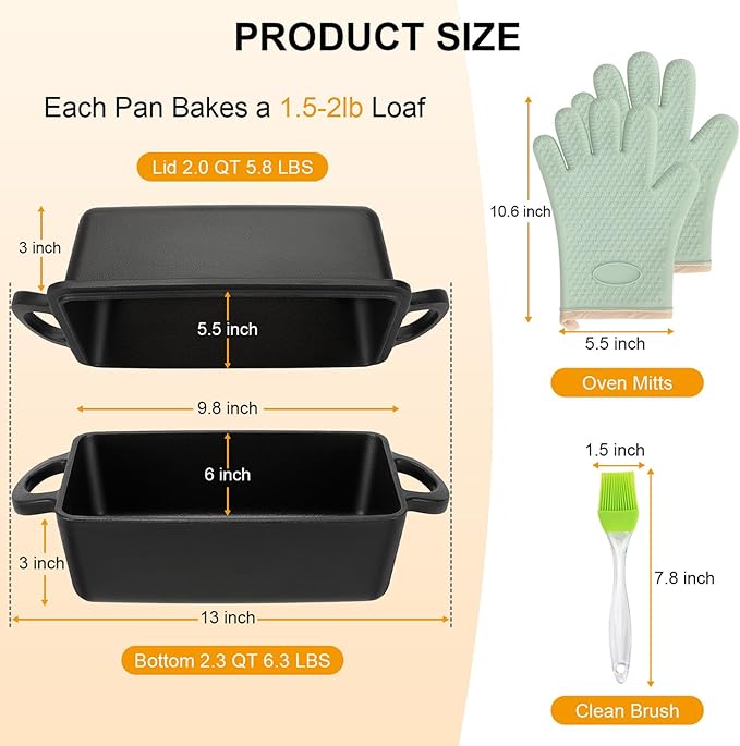 Cast Iron Loaf Pan with Lid | 9×5 Inch Bread Baking Pan | Even Heat Distribution for Perfect Homemade Bread, Cake, Meatloaf | Durable 2 Piece Set for Baking Enthusiasts Black