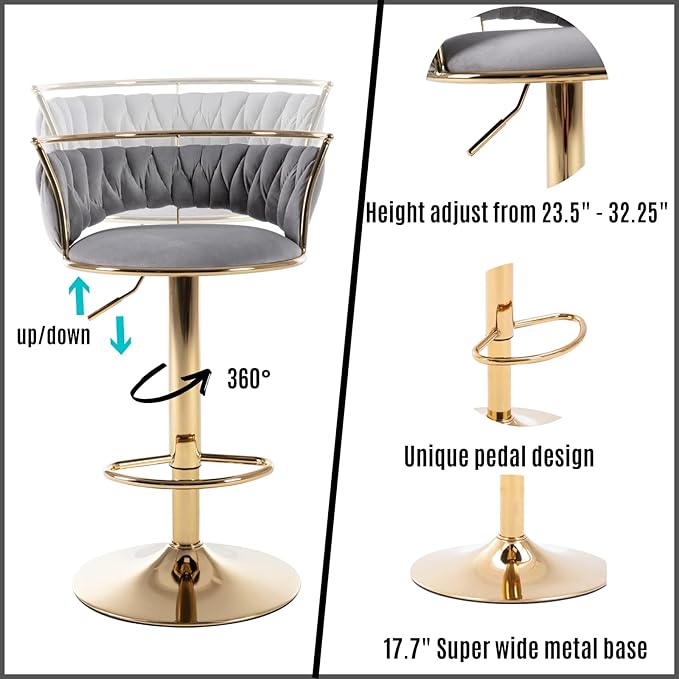 LukeAlon Modern Velvet Adjustable Barstools Set of 4, 360° Swivel Counter Stools with Golden Base Upholstered Open Back Tall Bar Chairs with Footrest for Home Pub Kitchen, Grey