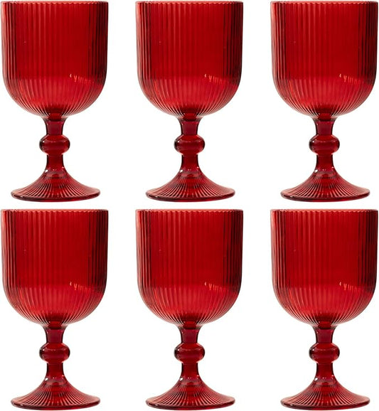 Red Vintage Wine Glasses Set of 6, 11 Ounces Colored Glass Water Goblets, Unique Embossed Pattern High Clear Stemmed Glassware Wedding Party Bar Glass Drinking Cups Fancy Glasses Hand Wash Only