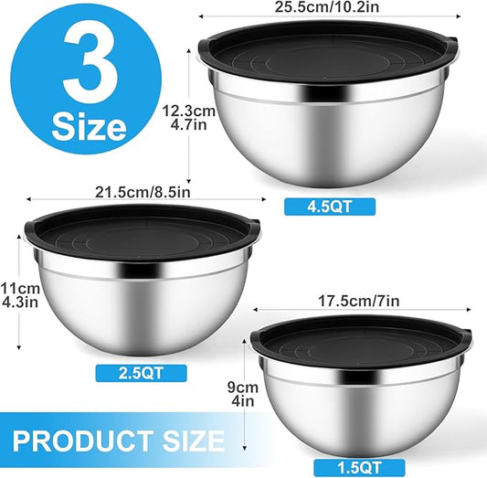 Mixing Bowls with Airtight Lids Set of 3, Stainless Steel Mixing Bowls, Nesting Salad Bowl for Prepping, Serving, Cooking, Kitchen, 4.5/2.5/1.5QT, Black