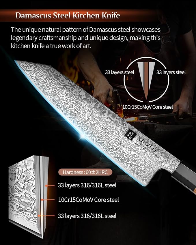 XINZUO 8.5 Inch Japanese Kiritsuke Chef Knife with Sheath, Hand Forged 67 Layers Damascus Steel Kitchen Knife, Ultra Sharp, Japanese Chopping Knife with Olive Wood Octagonal Handle