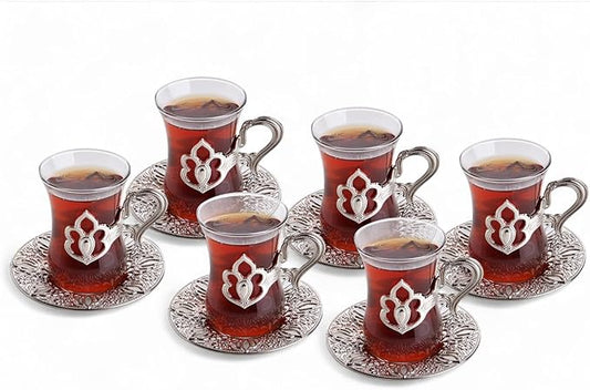 Alisveristime (SET OF 6) Turkish Tea Set with Zamac Holders, Glass Cups, and Saucers, 100ml Capacity, Elegant Serving Set in Gold and Silver (Harman) (Silver)