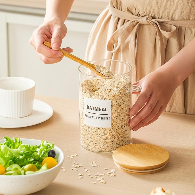 6 Pack 32oz Glass Jars with Bamboo Lids,Glass Storage Containers with Lids,Clear Airtight Food Storage Jar for Coffee,Tea,Sugar,Flour,includes 168 Pantry Labels & Spoons,3mm Thick Canisters