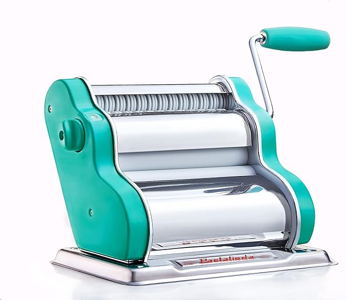 PASTALINDAClassic 200 Pasta Maker Machine, 20 cm Wide Rollers, 9 Thickness Positions, 2 Cutting Positions, Stainless Steel. Includes Reinforced Hand Crank And Two Clamps (Green)