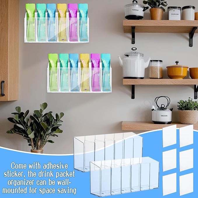 2 Pcs Acrylic Drink Packet Organizer, Mountable Water Drink Packet Holder with Adhesive & Magnetic Sticker, Wall Mount Drink Storage Bins with Removable Divider for Table Refrigerator Cabinets Pantry