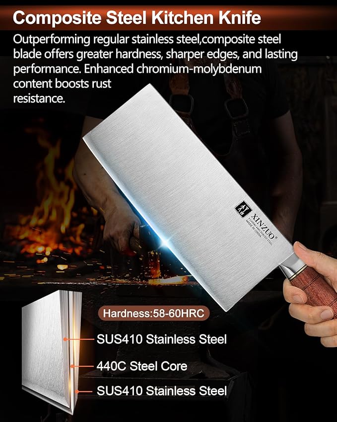 XINZUO 8.1 Inch Professional Chinese Chef Knife,440C Steel Core,Sharp Stainless Steel Vegetable Cleaver Meat Kitchen Square Knife For Precision Slicing, Dicing,Asian Cuisine With Red Wood Handle