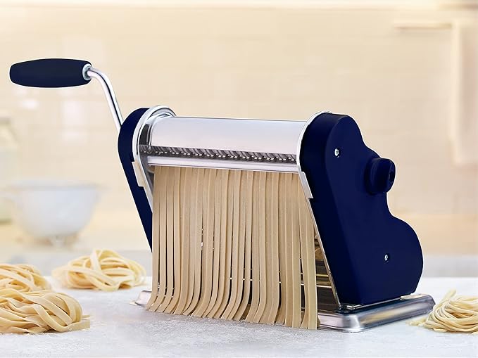 PASTALINDAClassic 200 Pasta Maker Machine, 20 cm Wide Rollers, 9 Thickness Positions, 2 Cutting Positions, Stainless Steel. Includes Reinforced Hand Crank And Two Clamps (Navy Blue)