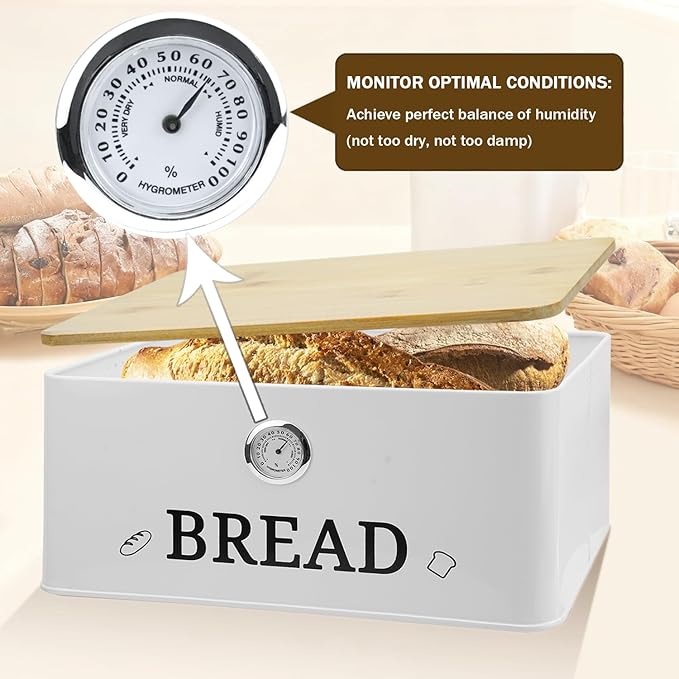 White Bread Box for Kitchen Countertop with Bamboo lid, Hygrometer Kitchen Organizer for Sourdough, Buns, and Loaves, Bread Storage Container