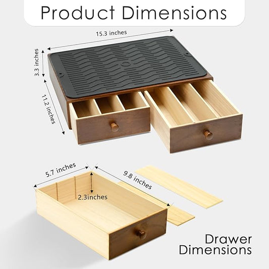 Wooden Coffee Pod Drawer,Holders for Counter with 2 Drawers and Silicone Non-Slip Pad, Drawer Organizer (30 Pod Capacity)