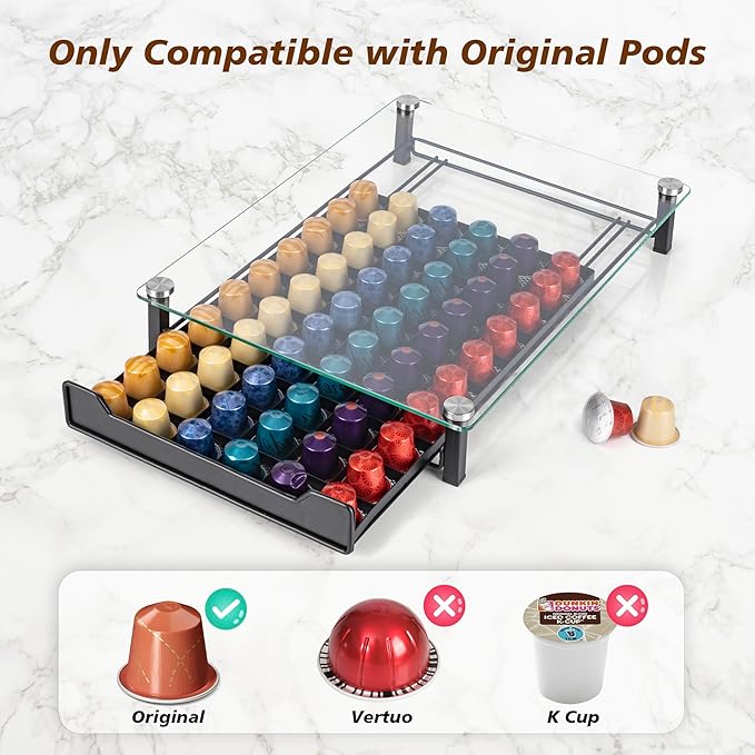 RECAPS Coffee Pod Holder Storage Small Pod Drawer Pods Holder Compatible with Nespresso Original Line Coffee Pods Kitchen Organizer Holds 60 Pods （NOT Compatible with Vertuoline）