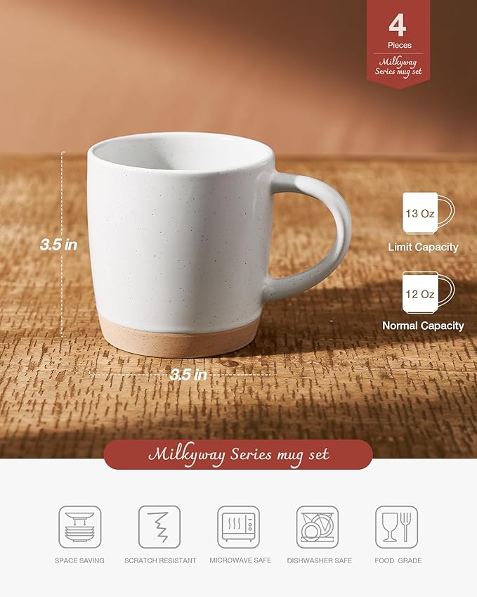 famiware Coffee Mugs for 4, 13 oz Mug Set, Dringking Cup with Handle for Coffee, Tea, Cocoa, Milk, Milkyway serise, White