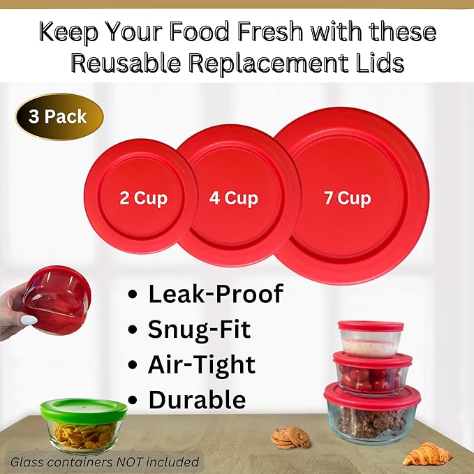 2, 4 & 7 Cup Red Replacement Lids/Covers for Pyrex, Anchor Hocking & KlareWare Storage Bowls *Lids Only Glass Container Not Included* (3 Pack *One of Each Size*)