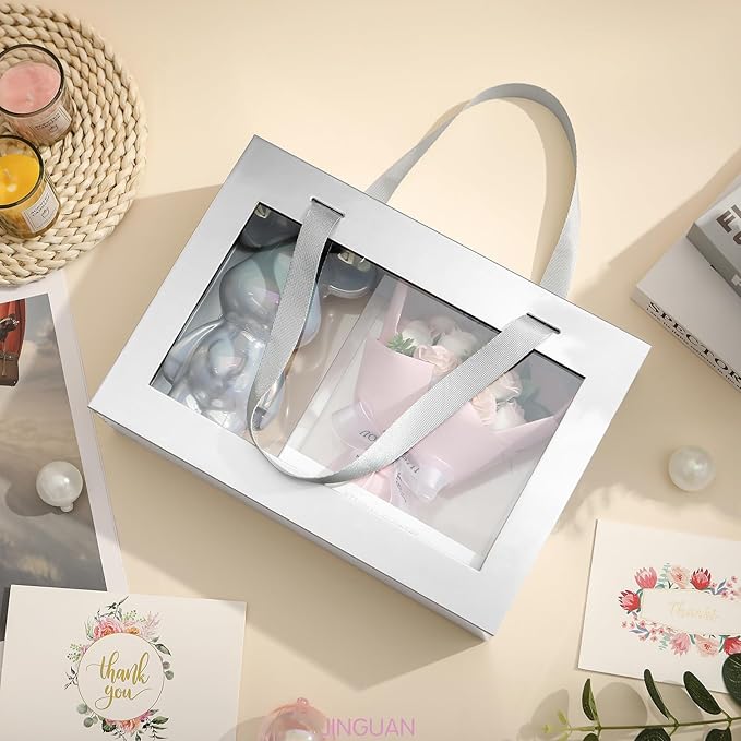 5 Silver Gift Boxes with Windows, Gift Boxes with Lids and Handles, Clear Magnetic Gift Boxes for Presents, Bridesmaid Proposal Boxes (10.5x7.5x3 Inches