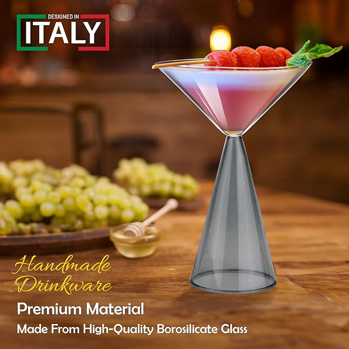 Gusto Buono 8.4oz Martini Glasses – Set of 4 Drinkware with Grey Stem Geometric Design | Heat-Resistant, Dishwasher & Microwave Safe | Perfect for Martinis, Cocktails, Home, Parties, & Gifts