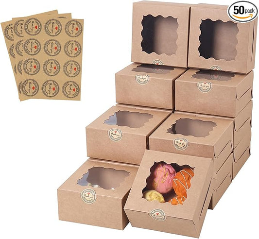 36 pcs 6x6x3 Inches Small Cake Box with Window, Bakery Pastry Cookie Boxes, Mini Pie for Pastry,Dessert,Strawberries,Chocolates, Cupcakes with paper stickers (Brown)