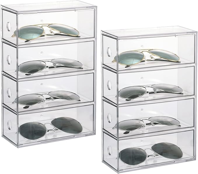 Rainmae 2 Pieces Acrylic Sunglass Organizer, Clear Eyeglasses Case with 4 Drawers for Women Stackable Eyewear Storage Display Case Clear Eyeglass Holder Multiple Pair for Glasses Jewelry Watch Storage