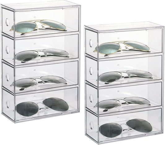 Rainmae 2 Pieces Acrylic Sunglass Organizer, Clear Eyeglasses Case with 4 Drawers for Women Stackable Eyewear Storage Display Case Clear Eyeglass Holder Multiple Pair for Glasses Jewelry Watch Storage