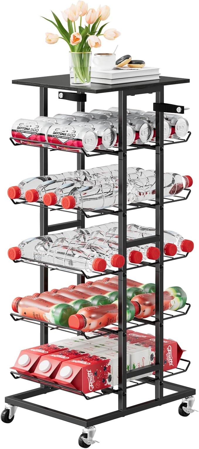 smusei Water Bottle Organizer 5 Tier Metal Water Bottle Storage Rack with Lockable Wheels Bottled Water Holder for Floor, Mobile Beverage Drink Stand Soda Can Shelf for Kitchen, Living Room, Office
