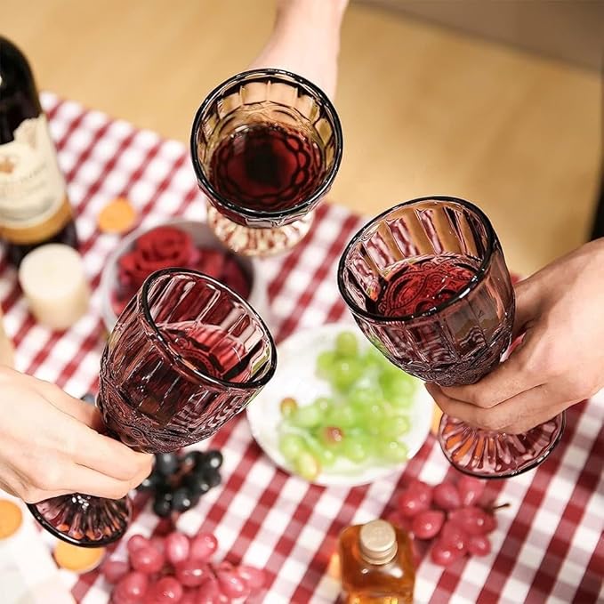 Joeyan Purple Vintage Wine Glasses,Clear Water Goblet Glasses,Stemmed Drinking Glasses with Embossed Pattern,Colored Glassware Set for Wedding Party Banquet Feast,10 oz,Set of 4,Dishwasher Safe