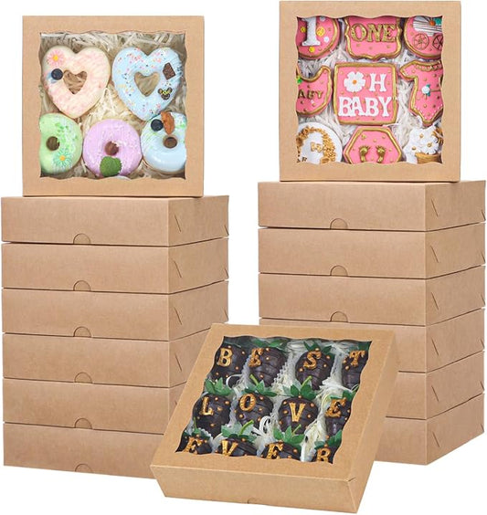 15pcs 8x8x2 Inches Brown Bakery Boxes with Window - Perfect for Cookies, Chocolate Covered Strawberries, Cakesicles & More