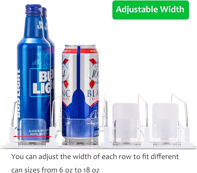 Rula Drink Organizer for Fridge, Self-Pushing Soda Can Dispenser for Mini Refrigerator, Width Adjustable Water Bottle Pusher Glide, White, 4 Rows,12.2” D