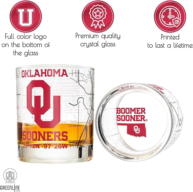 Greenline Goods – University of Oklahoma Sooners College Whiskey Glasses (Set of 2), 10 oz – Full-Color Logo + Campus Map