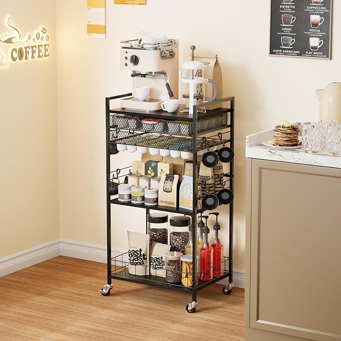 Coffee Bar Station with Storage Drawer - 5 Tier Coffee Table Countertop Organizer for K Cups, Tea Bags, Sugar Storage and Kitchen Cabinets (Black)