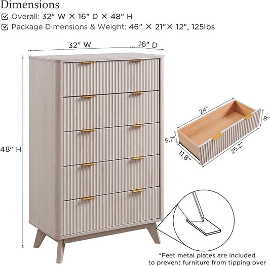 T4TREAM Fluted 5 Drawers Dresser, 48" Tall Modern Chest of Drawers, Curved Profile Design, Wood Drawer Organizer for Bedroom, Living Room, Hallway, Entryway, White Alder