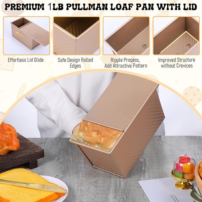 2 Pcs Pullman Loaf Pan with Lid, Non-Stick Rose Gold Bread Loaf Pans for Homemade Bread 1 lb Carbon Steel Bread Toast Box with Cover for Bakeware Bread Toast Oven Baking