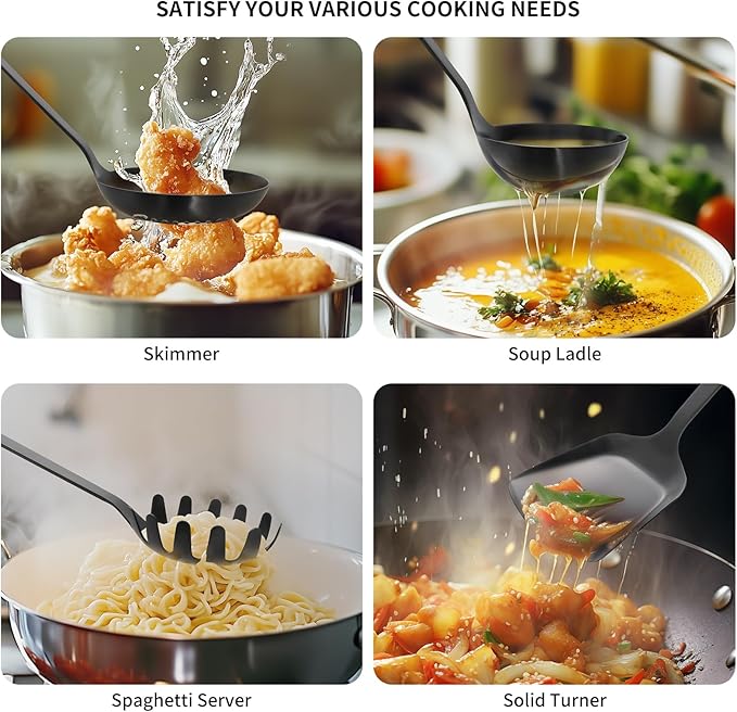 304 Stainless Steel Cooking Utensils Set, 8PCS Kitchen Utensils Set, Include Skimmer, Soup Ladle, Spaghetti Server, Wok Spatula, Slotted Spoon, Solid Spoon, Slotted Spatula Turner & Meat Fork, Black