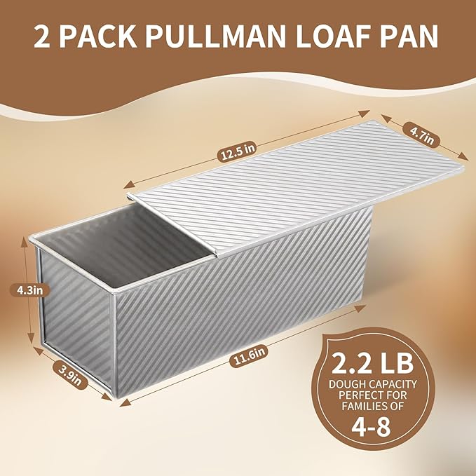2 Pack Large Pullman Loaf Pan with Lid，Nonstick Bakeware Bread Pan，2.2lb，Bread Pans for Homemade Bread/Toast/Sourdough，Sandwich Bread Loaf Pan，Silver